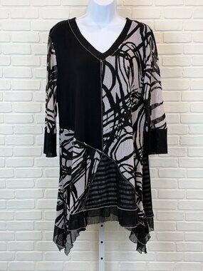 Lior Paris Abstract Print Tunic Black Multi Asymmetric Hem XL